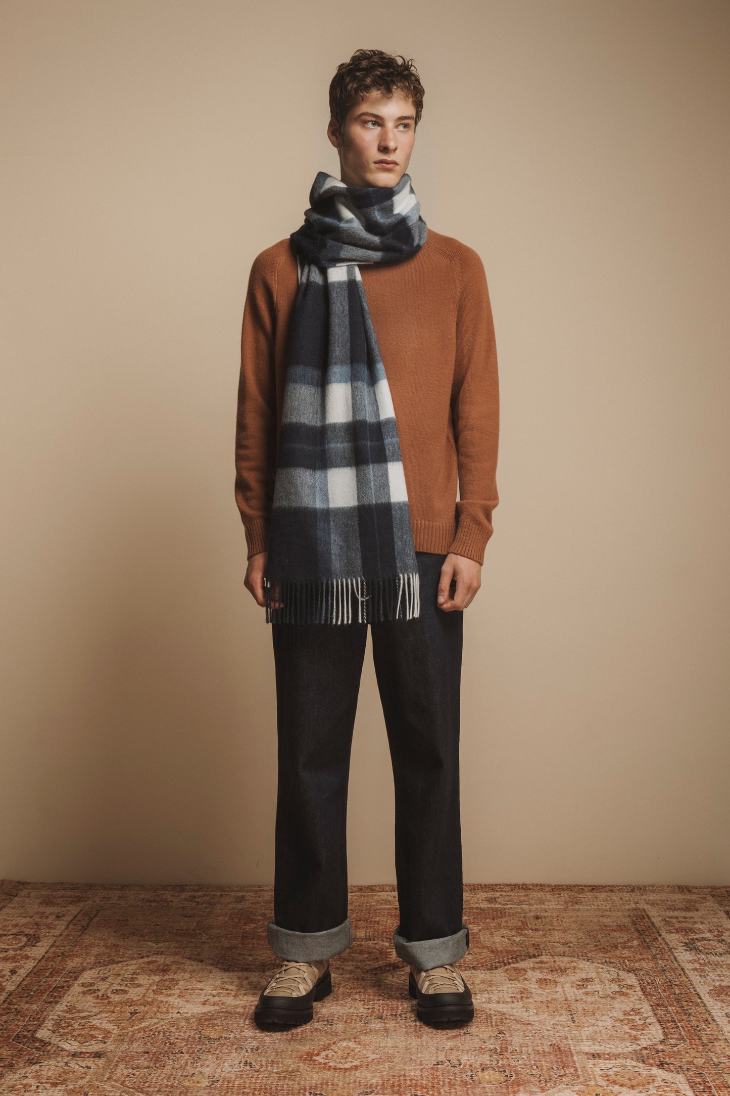 Made in Scotland Contemporary Check Cashmere Wide Scarf - Chatham Navy