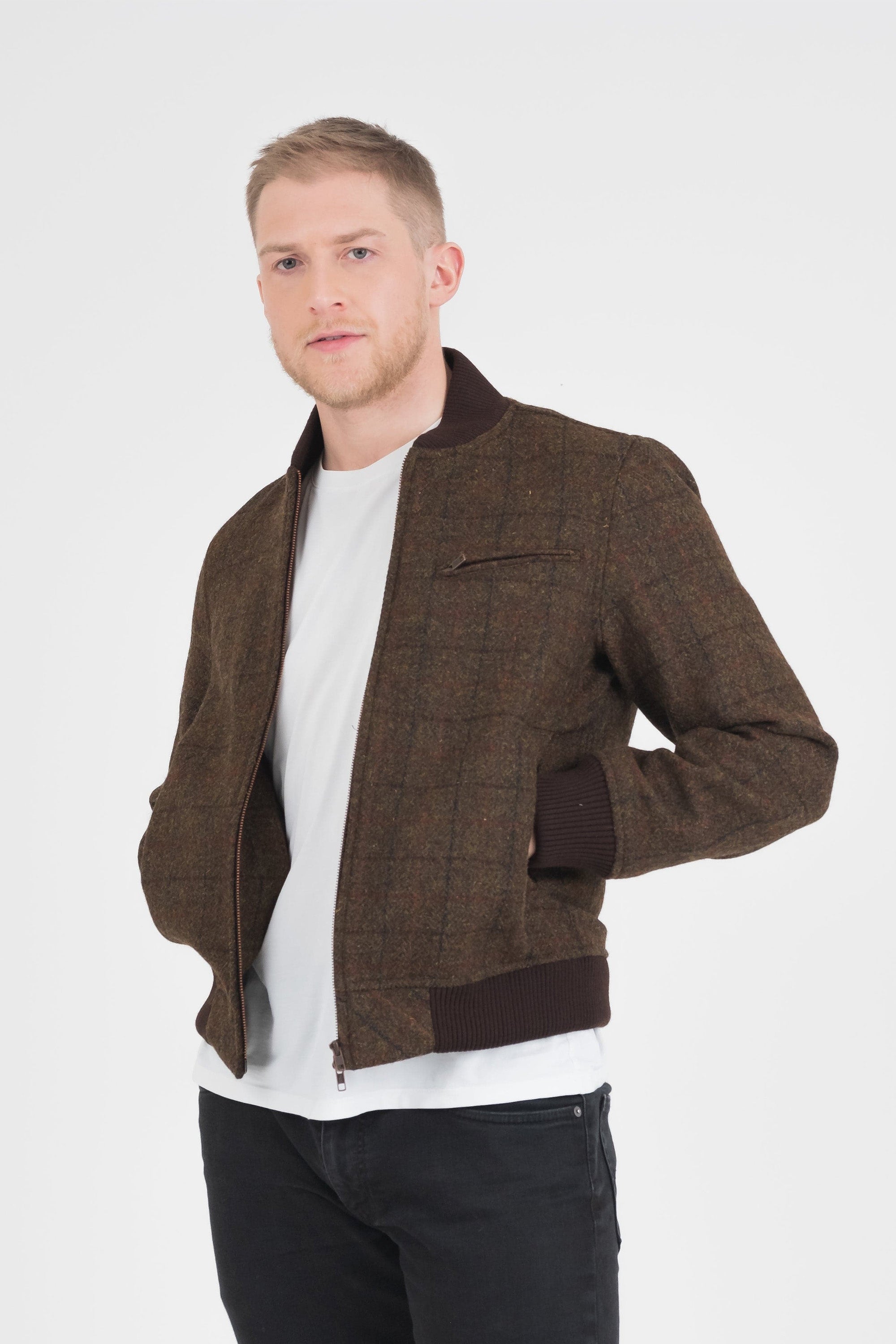 Men s Harris Tweed Bomber Jacket Green Check