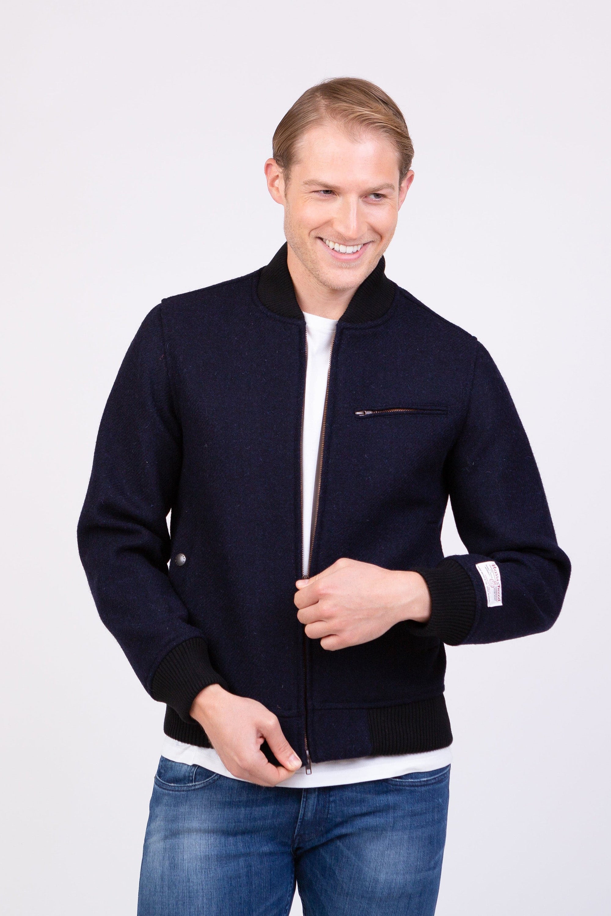 Men's Harris Tweed Bomber Jacket - Dark Navy Twill Solid