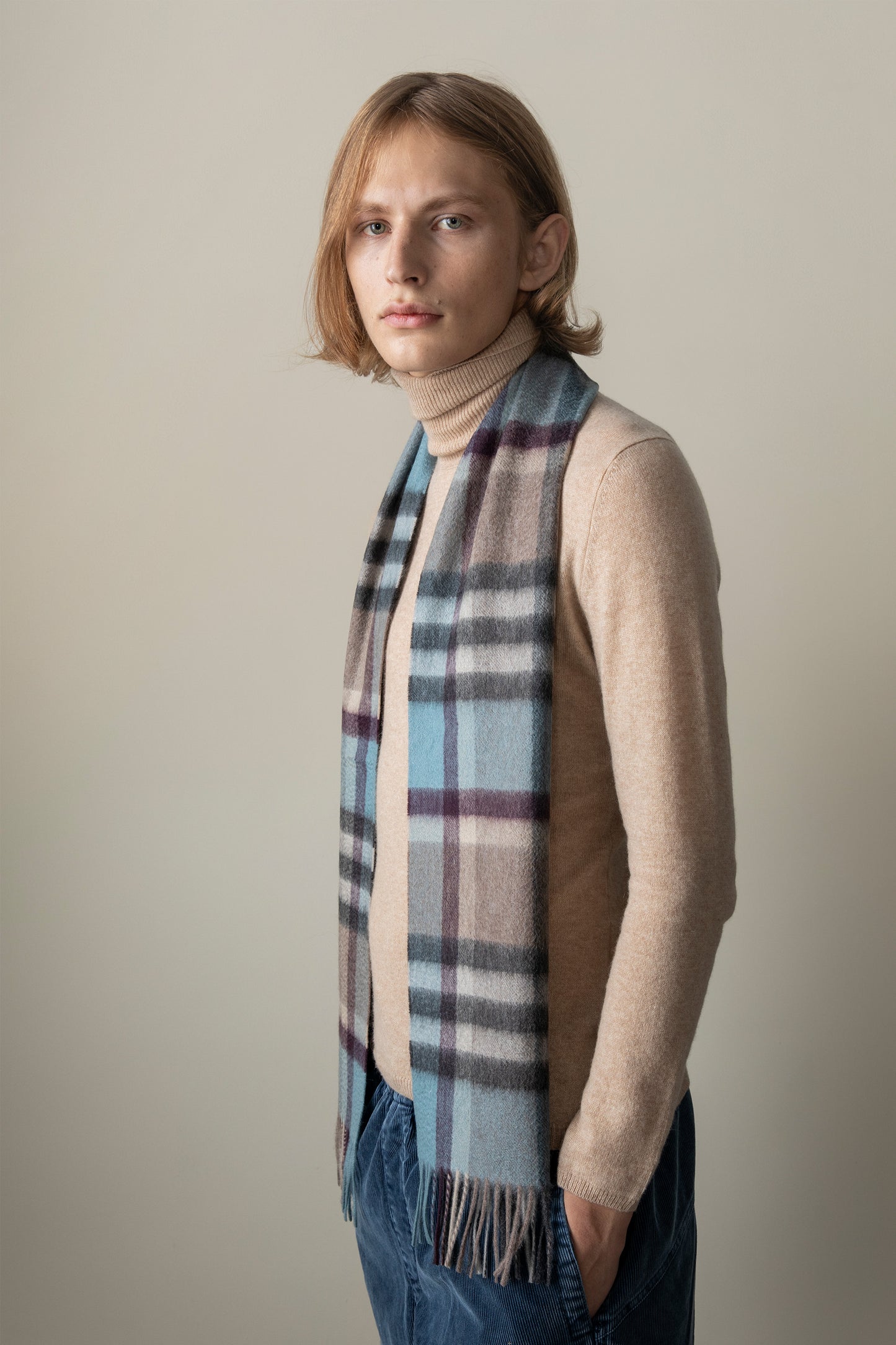 Tartan 2 Cashmere Scarf - Blue Taupe