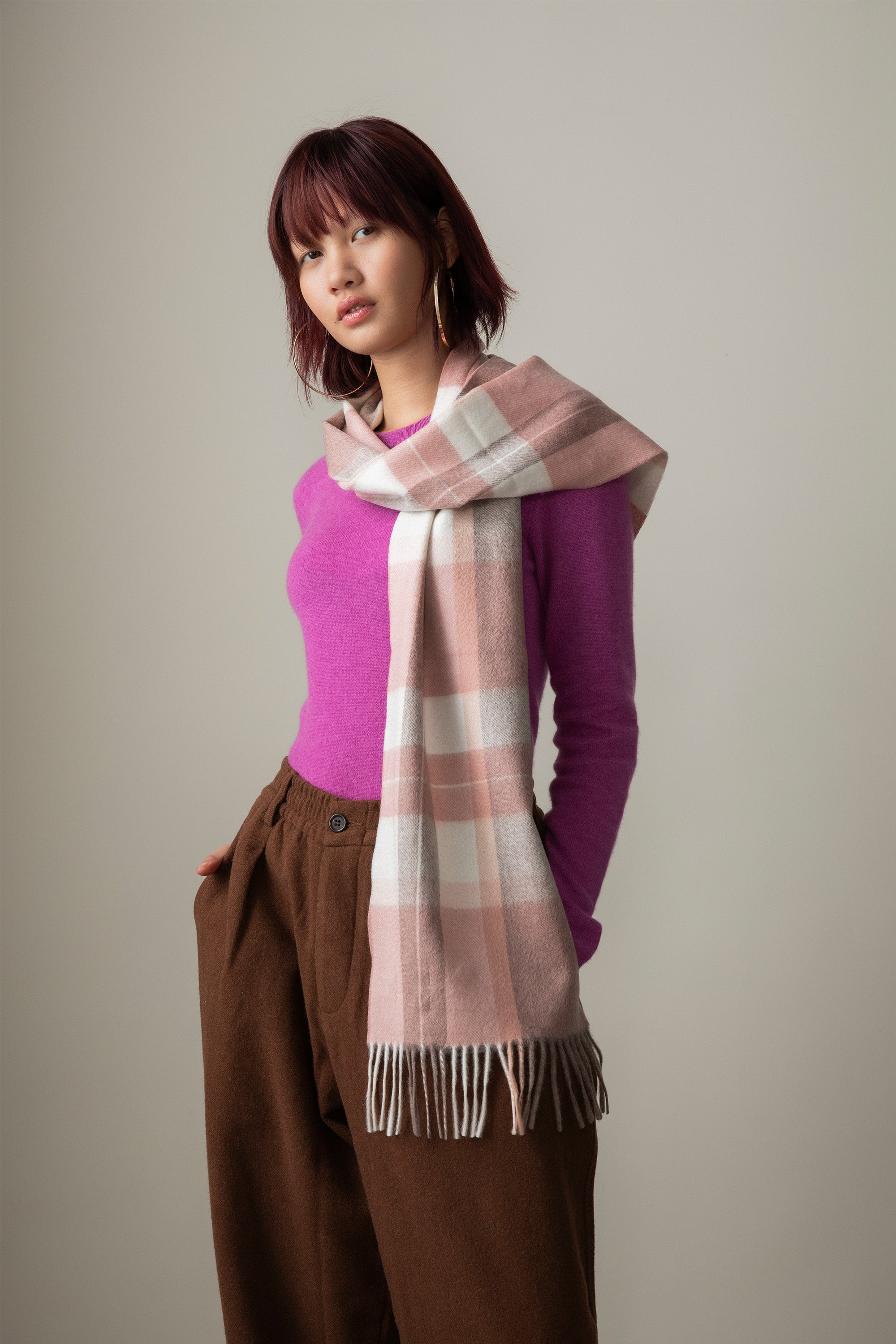 Brown and Hot Pink - Pure Cashmere Open Scarf for Men and shops Women