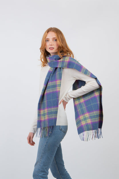 Contemporary Check Cashmere Wide Scarf - Blue Hoppy Check