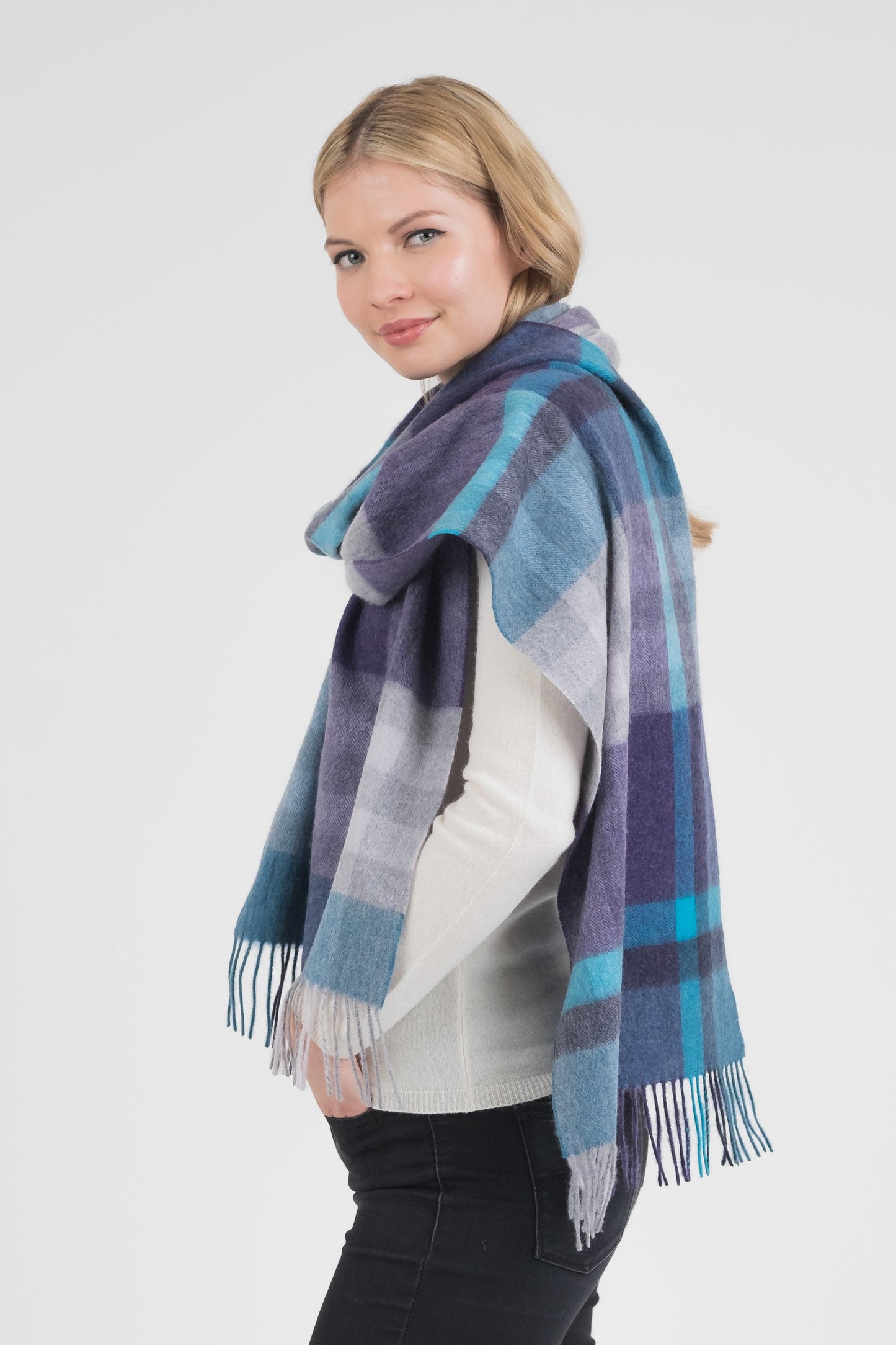 Tartan 2 Cashmere Wide Scarf - Blue