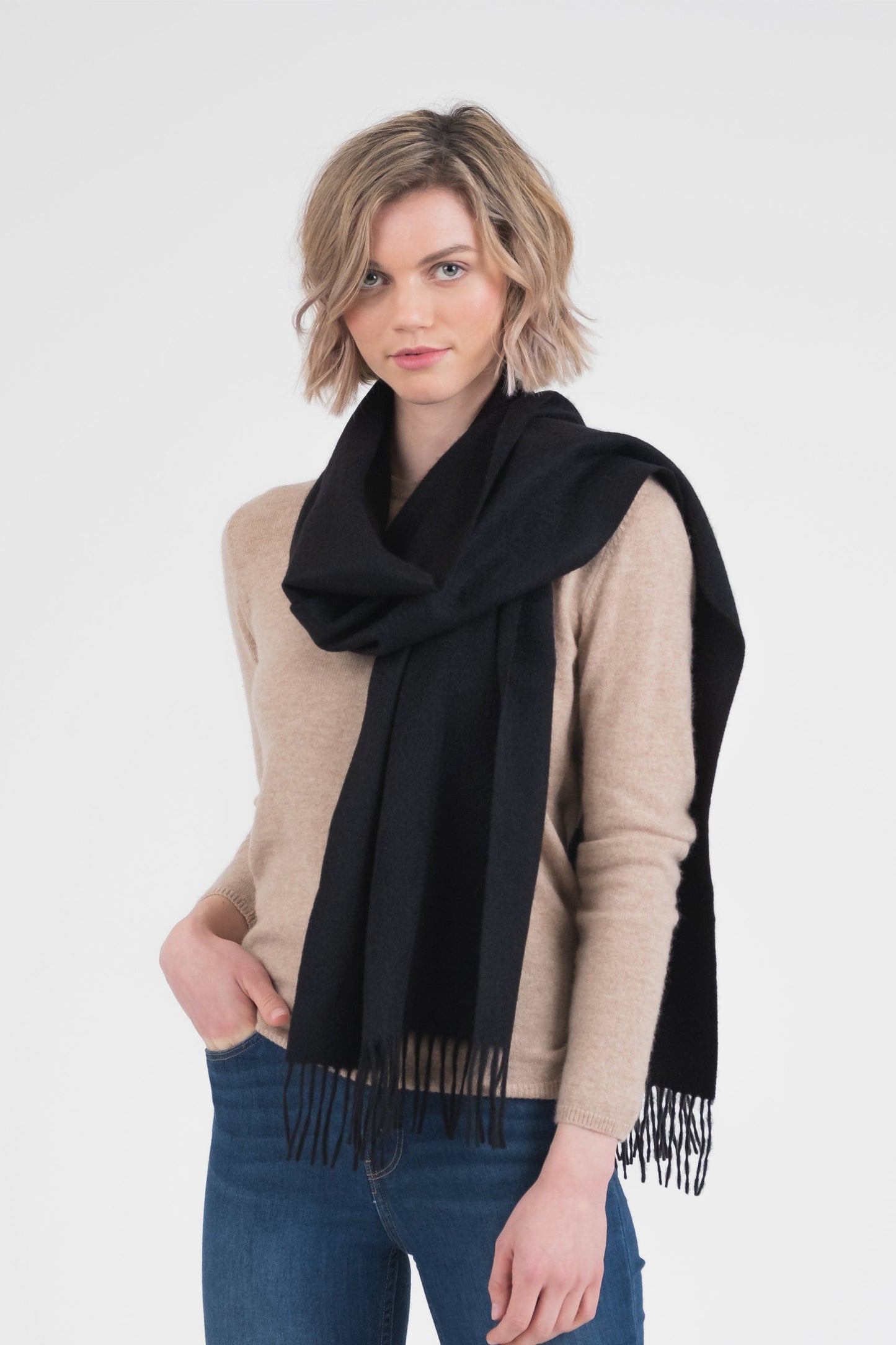 Solid Cashmere Wide Scarf - Black