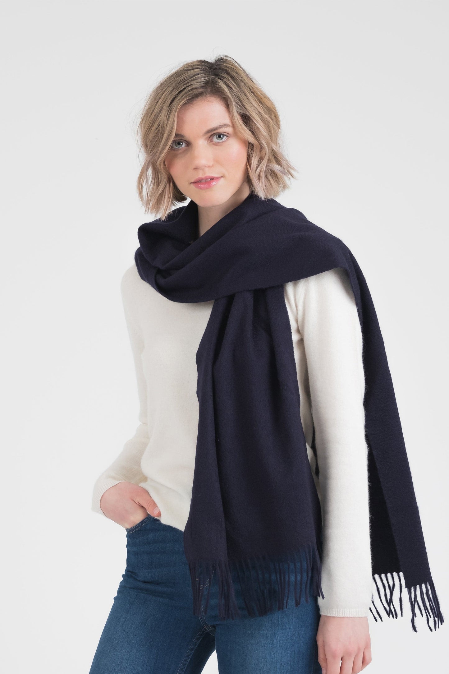 Solid Cashmere Wide Scarf - Dark Navy