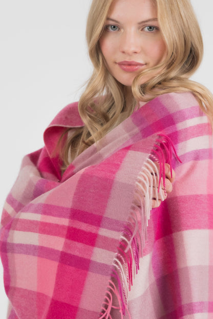 Square Check Cashmere Stole - Bright Pink