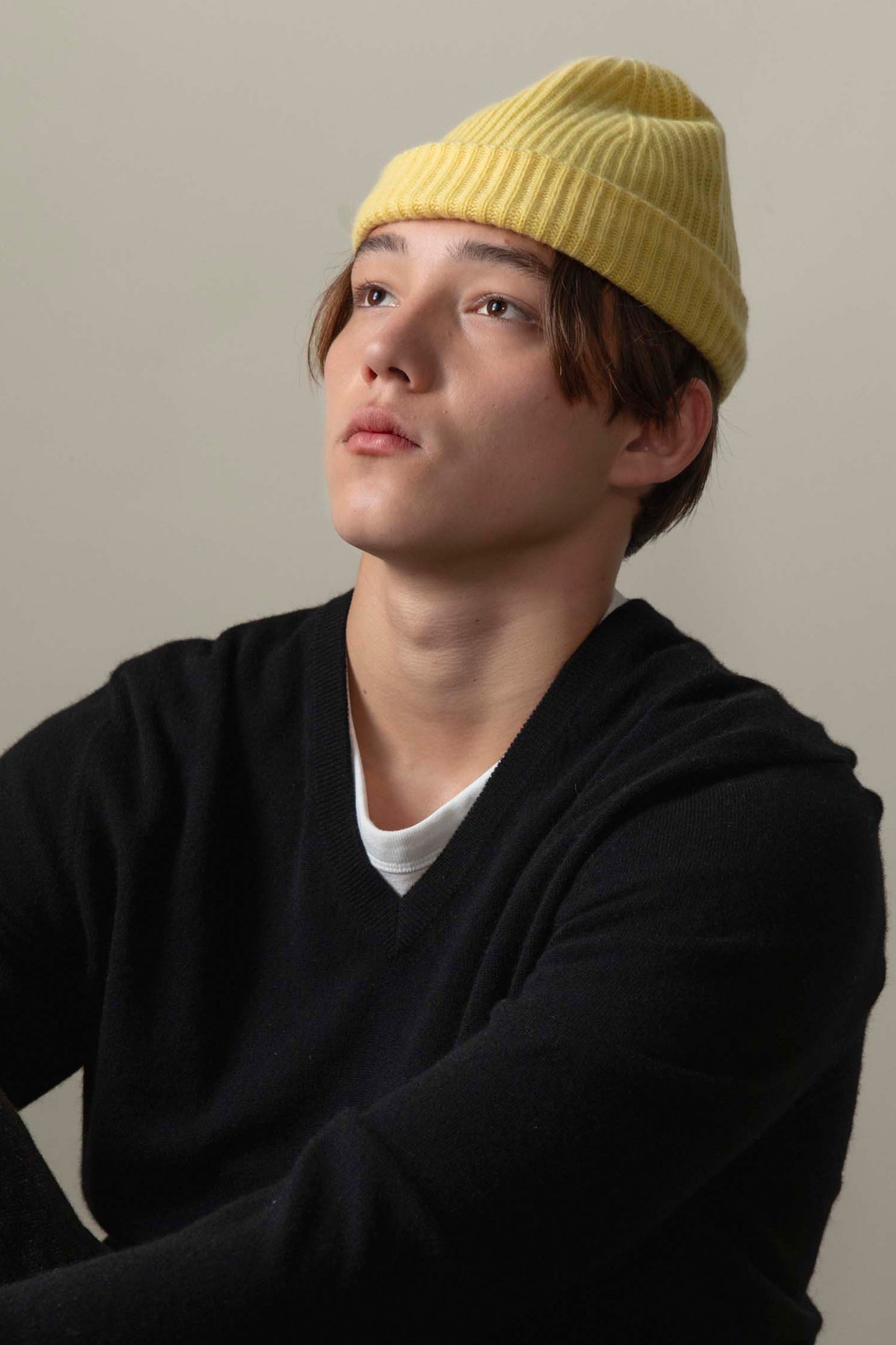 Unisex Cashmere Ribbed Beanie Hat - Lemon Yellow