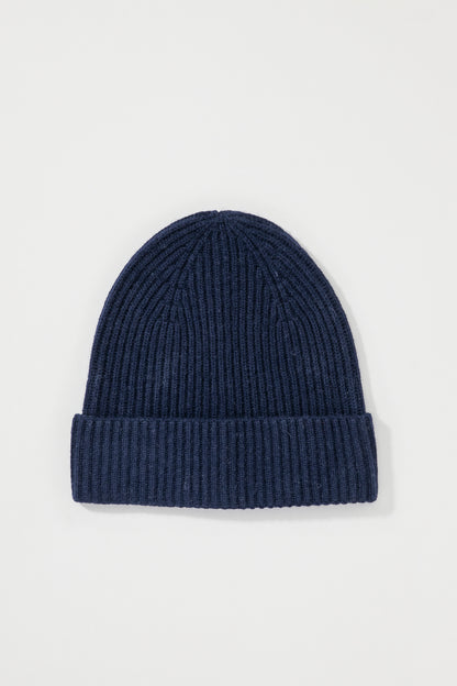 Unisex Cashmere Ribbed Beanie Hat - Dark Navy