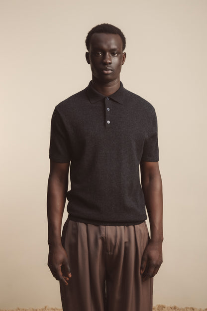 Meadows Short Sleeve Knitted Polo Shirt - Charcoal