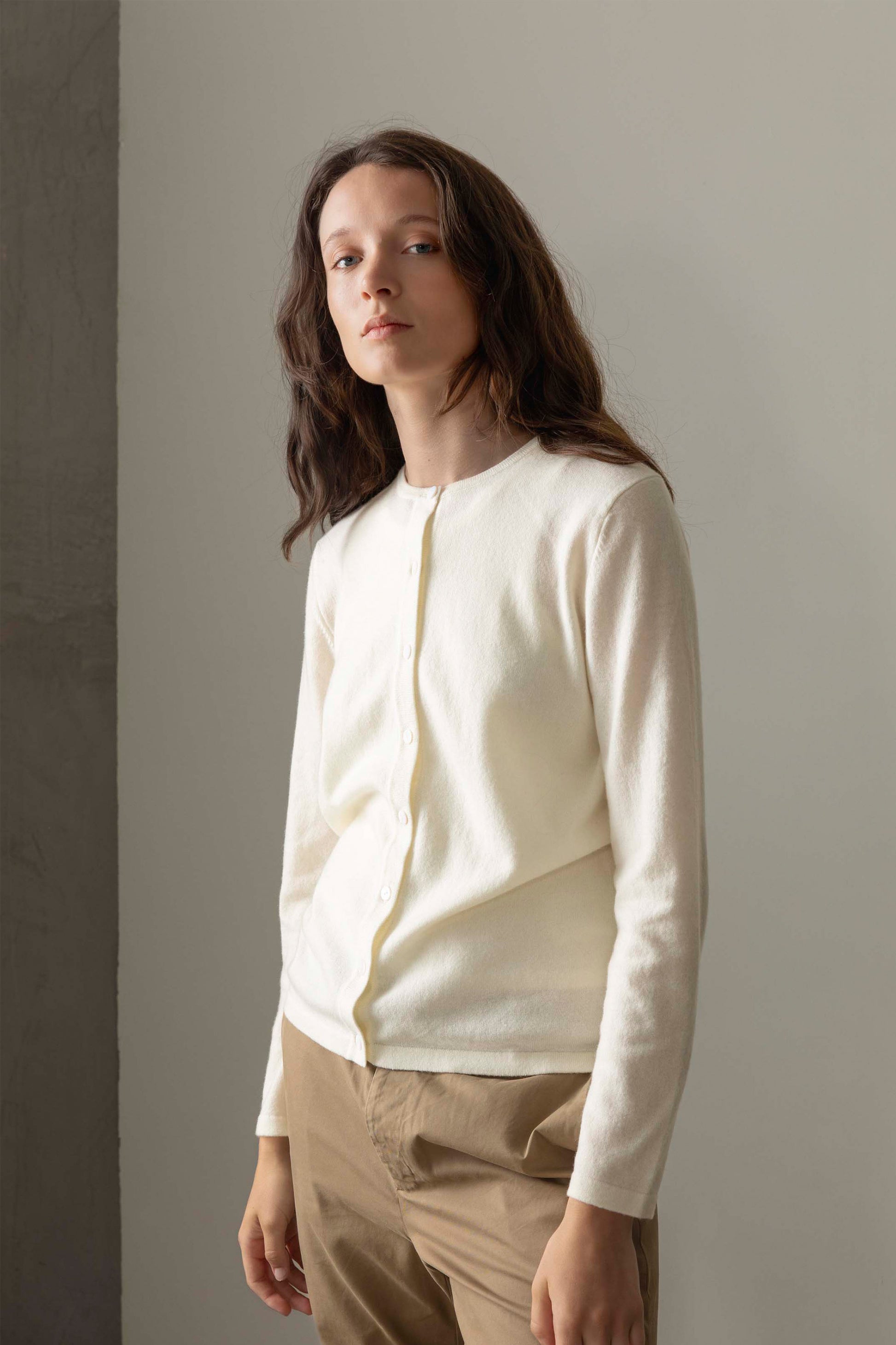 Women's Cashmere High Button Cardigan - Soft White – Kiltane