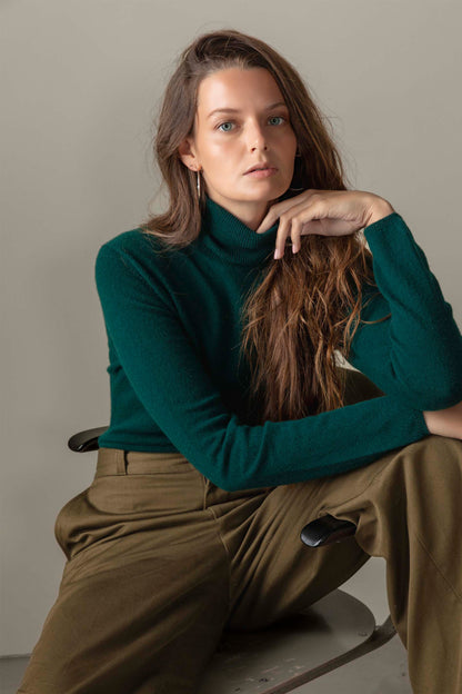 Women's Cashmere Polo Neck Jumper - Forest Green