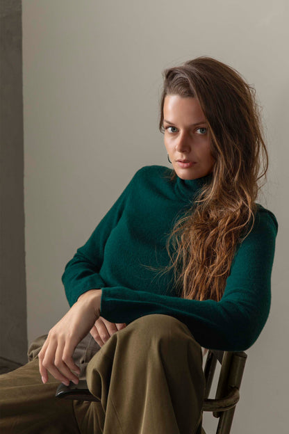Women's Cashmere Polo Neck Jumper - Forest Green
