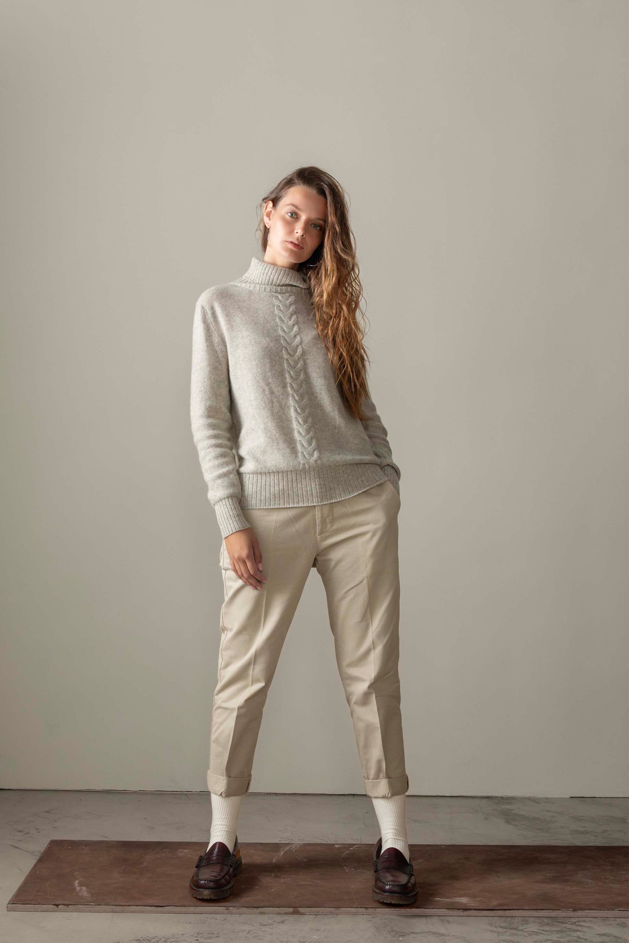 Women s Cable Knit Polo Neck Jumper Grey Kiltane