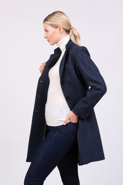 Women's Harris Tweed Tori Coat - Dark Navy Blue Herringbone