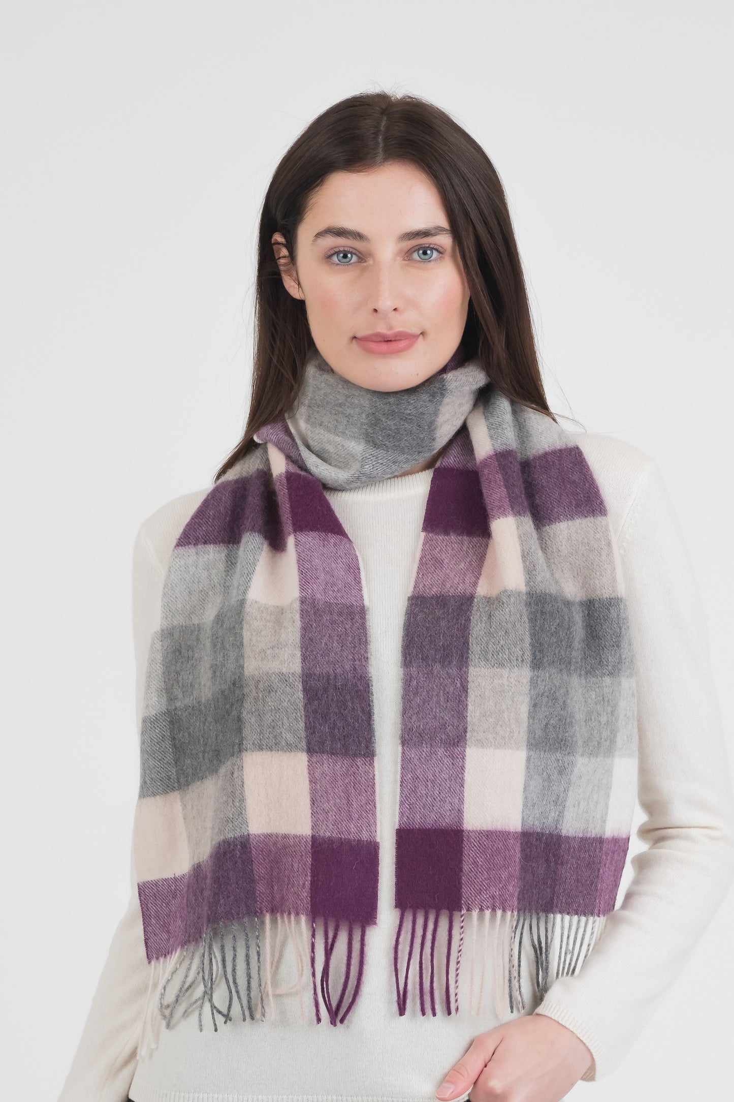 5 Square Check Lambswool Scarf - Purple Grey