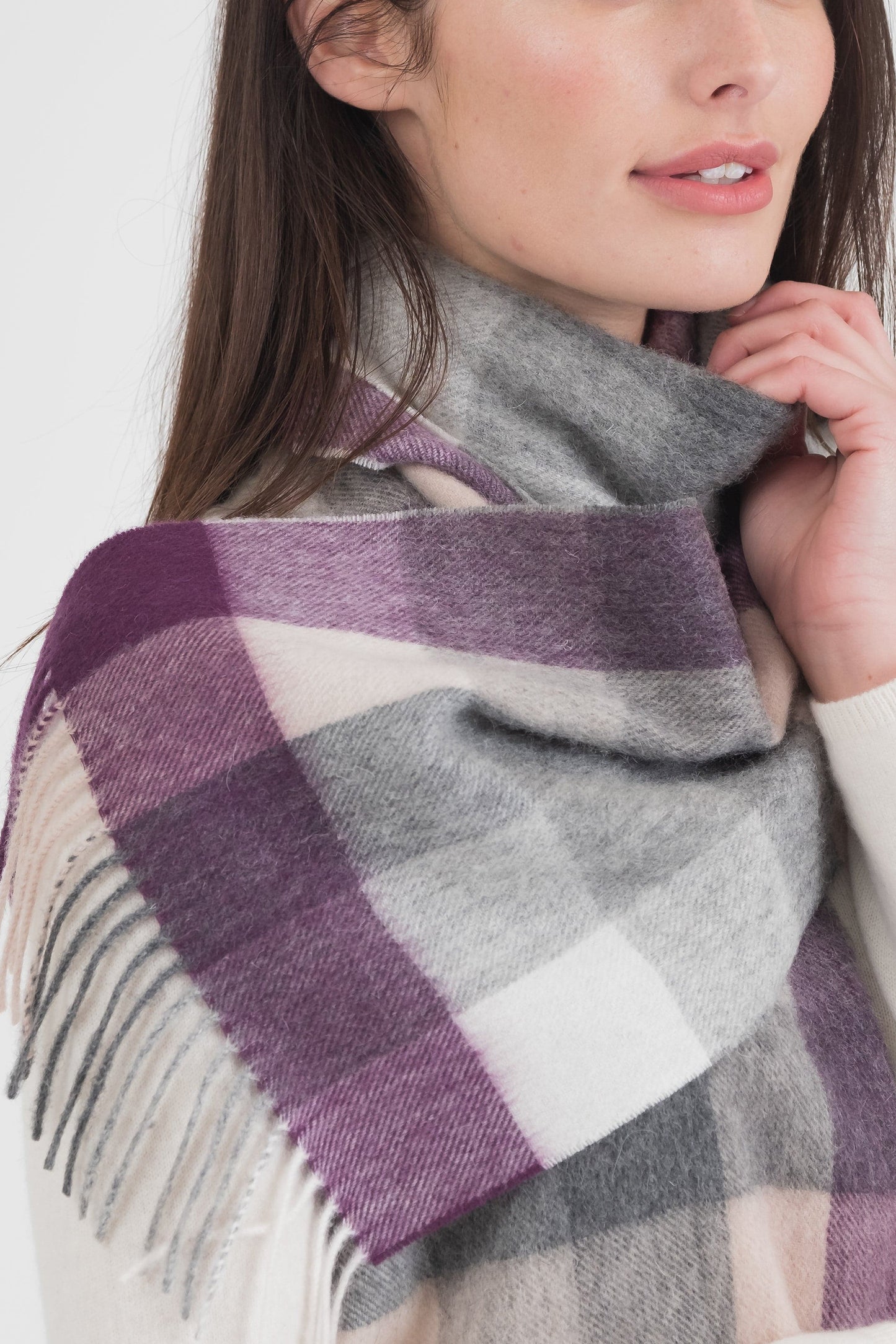 5 Square Check Lambswool Scarf - Purple Grey