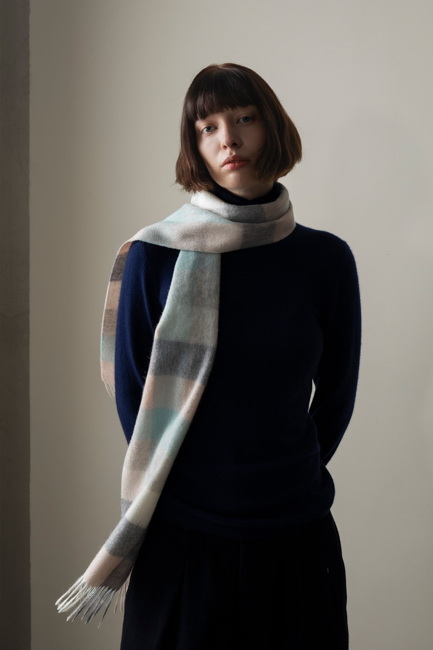 5 Square Check Lambswool Scarf - Brume