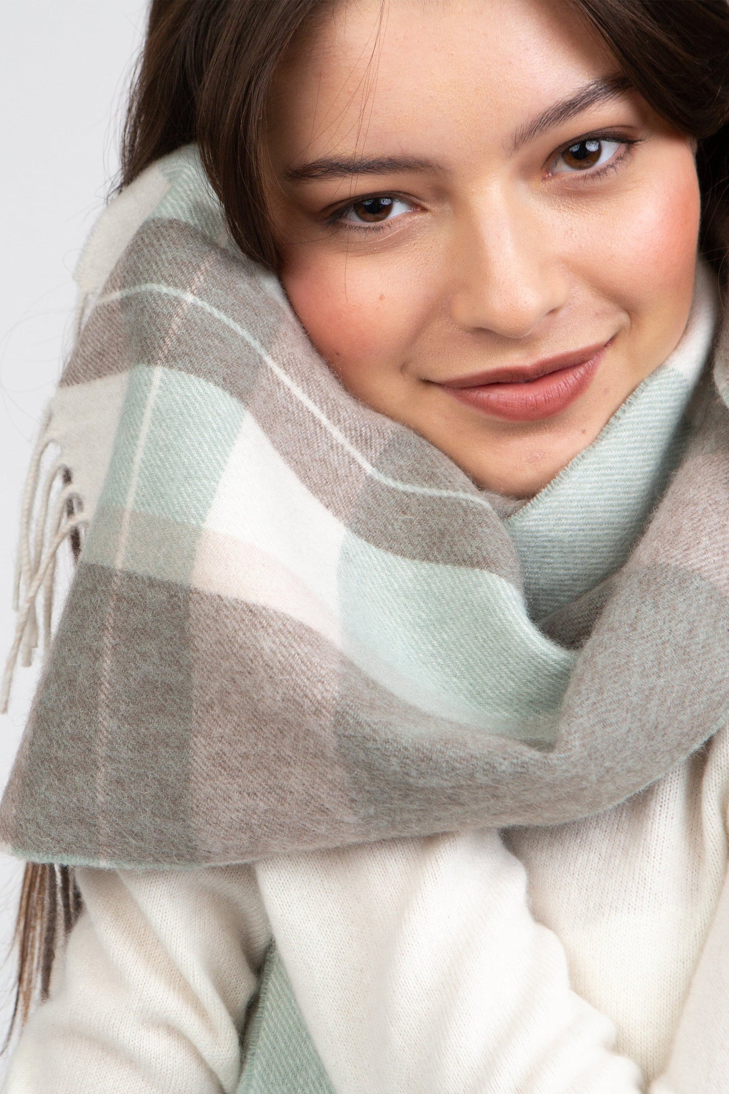 Contemporary Check Lambswool Scarf - Seafoam