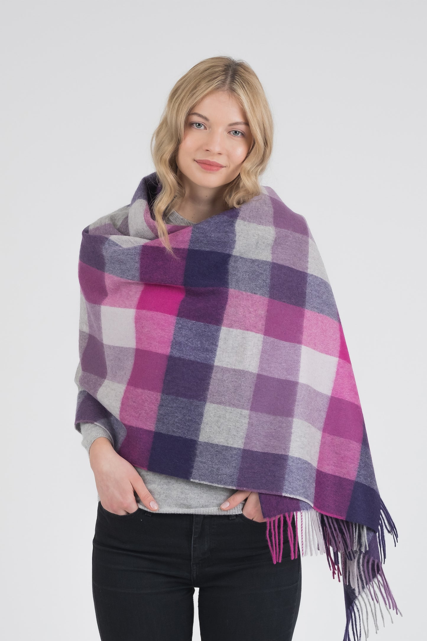 5 Square Check Lambswool Stole - Purple